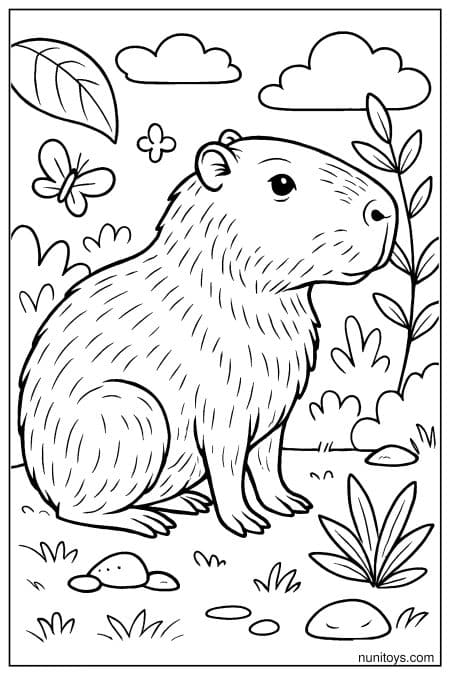 Capybara sits among leaves and plants in nature Coloring Page