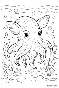 Printable Dumbo Octopus with Spotted Head and Sea Plants