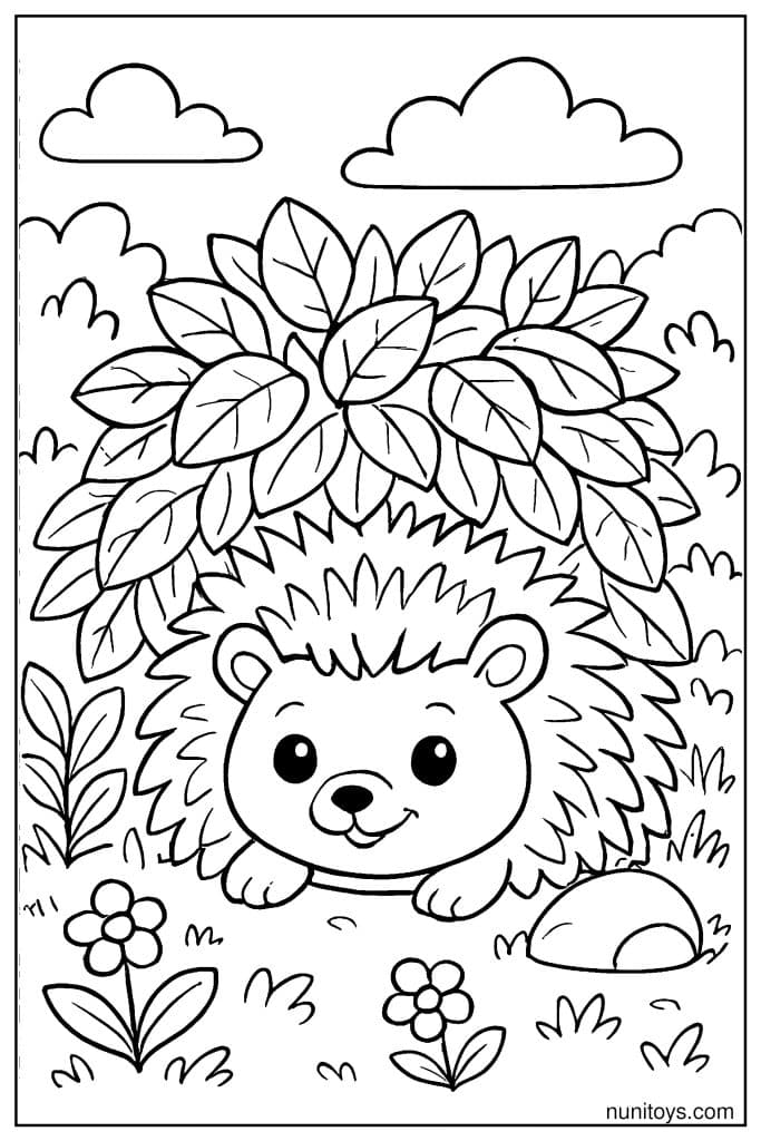 דף צביעה של קיפוד מציץ מתחת לשיח עלים בגן