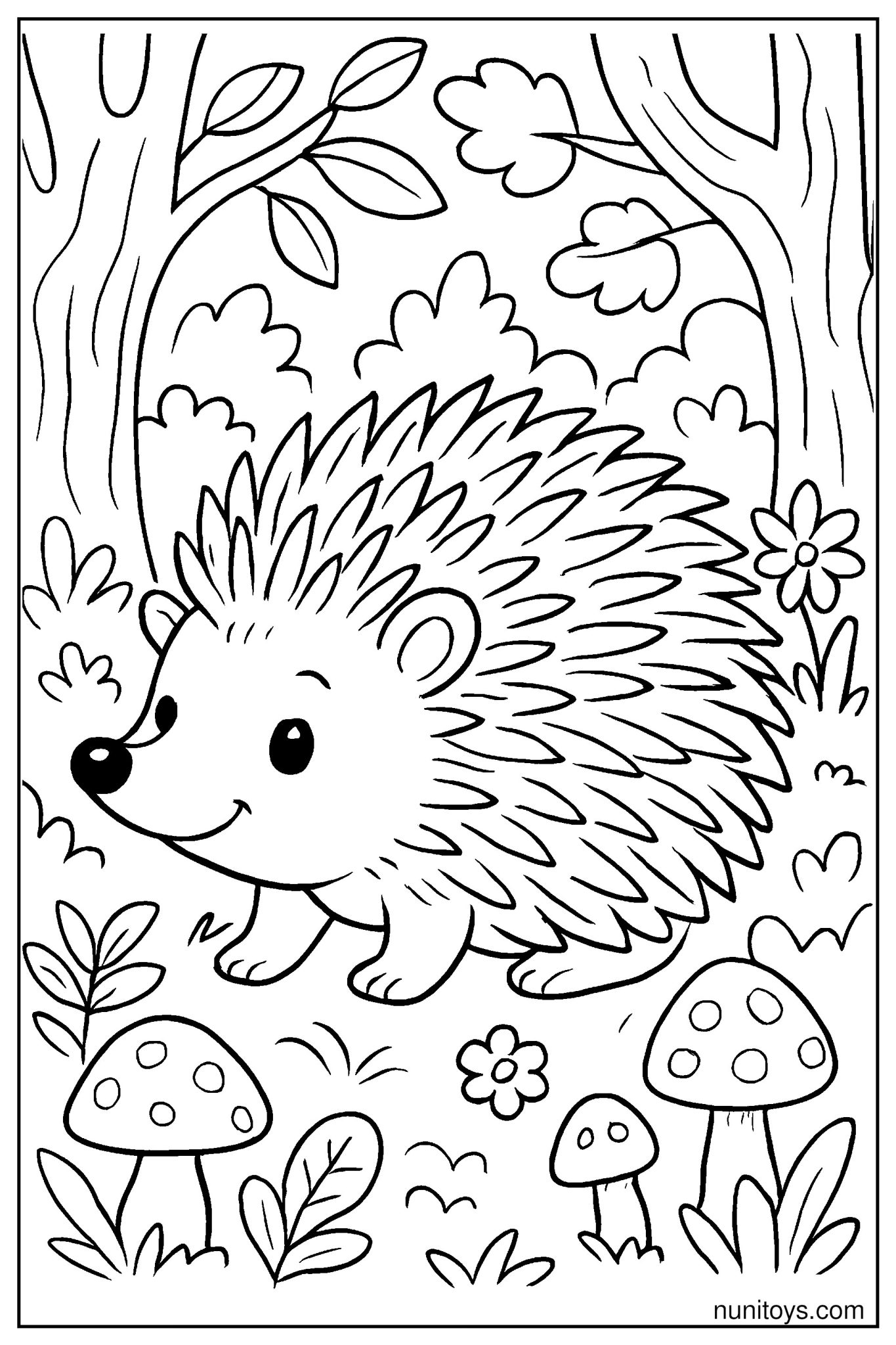 Detailed Hedgehog in a Woodland Habitat Coloring Page - nunitoys