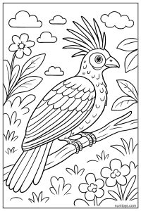 ציפור הואצין בין פרחים ועלים דף צביעה טבעי לילדים