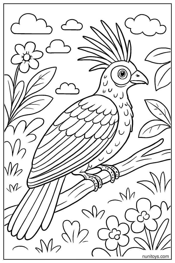 ציפור הואצין בין פרחים ועלים דף צביעה טבעי לילדים