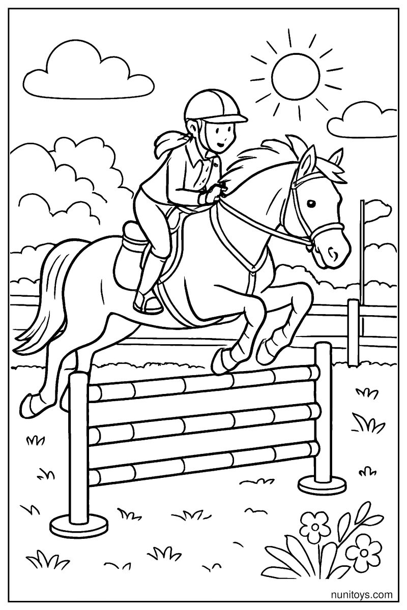 Detailed Horse Jumping Over Obstacle: Equestrian Training Coloring Page