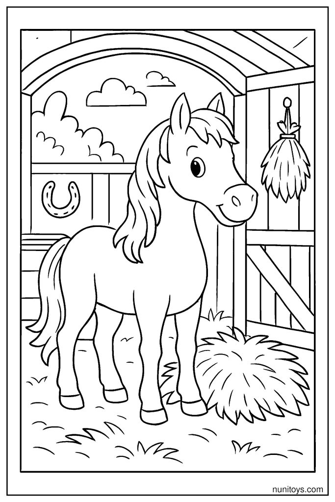 Detailed Horse Standing in Stable with Hay Coloring Page
