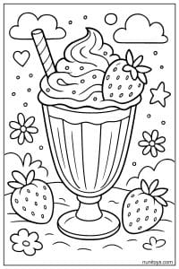 דף צביעה של מילקשייק עם תותים וקצפת בגינה
