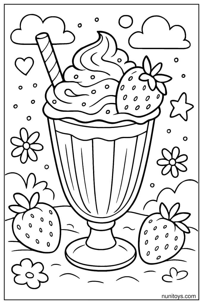 דף צביעה של מילקשייק עם תותים וקצפת בגינה