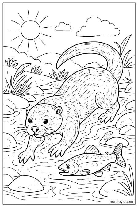 Otter walks through shallow stream with fish nearby coloring page