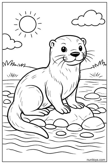 Otter rests on stones in shallow water under bright sun Coloring Page