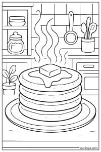 דף צביעה של ערימת פנקייקים חמים במטבח עם חמאה וסירופ