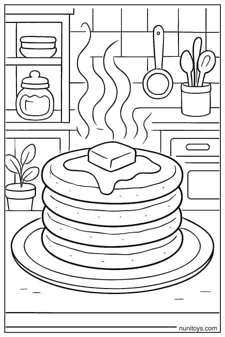 Steaming Pancakes with Butter Melting in a Kitchen Scene Coloring Page