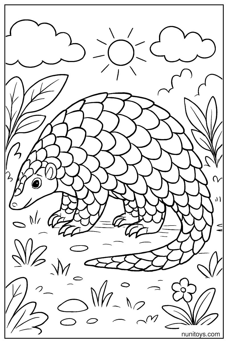Detailed Pangolin Side View Coloring Page with Overlapping Scales