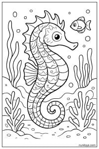 Seahorse Coloring Page with Fish and Coral Scene