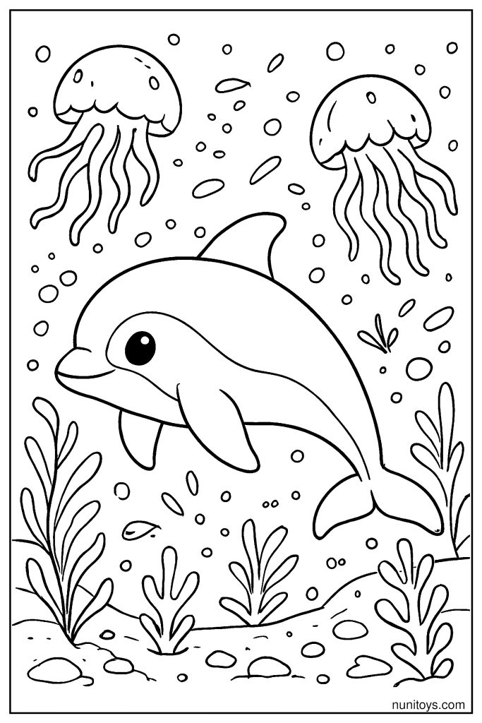 Detailed Underwater Vaquita Scene with Jellyfish and Floating Plankton Coloring Page