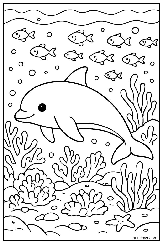 Detailed Vaquita Ocean Scene Coloring Page with Coral Reef and Schooling Fish
