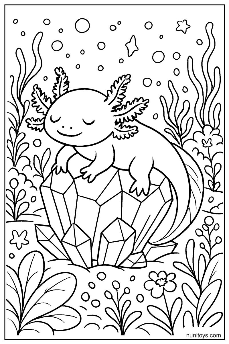 דף צביעה אקסולוטל ישן על קריסטל בין צמחי מים