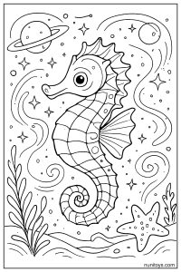 Seahorse Coloring Page with Stars and Swirling Water