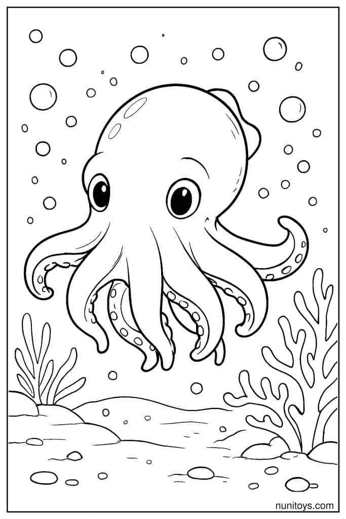 Floating Dumbo Octopus Coloring Page with Bubbles