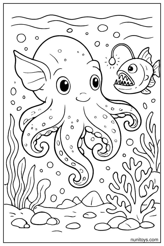 Free Dumbo Octopus Coloring Sheet with Fish Nearby