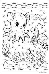 Free Underwater Coloring Page with Dumbo Octopus and Turtle