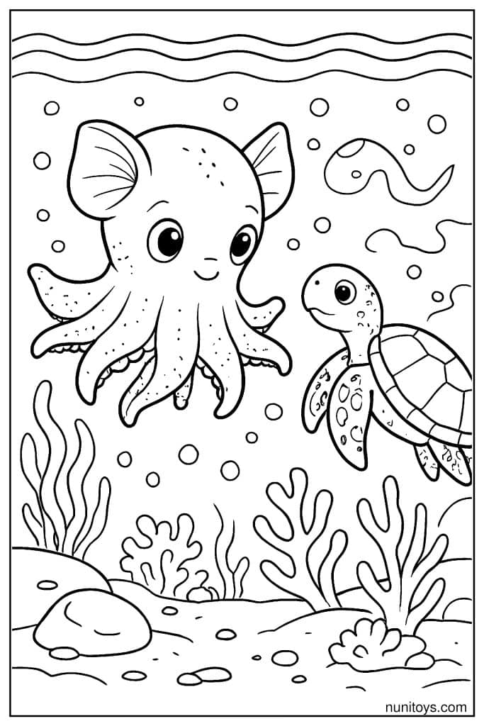 Free Underwater Coloring Page with Dumbo Octopus and Turtle