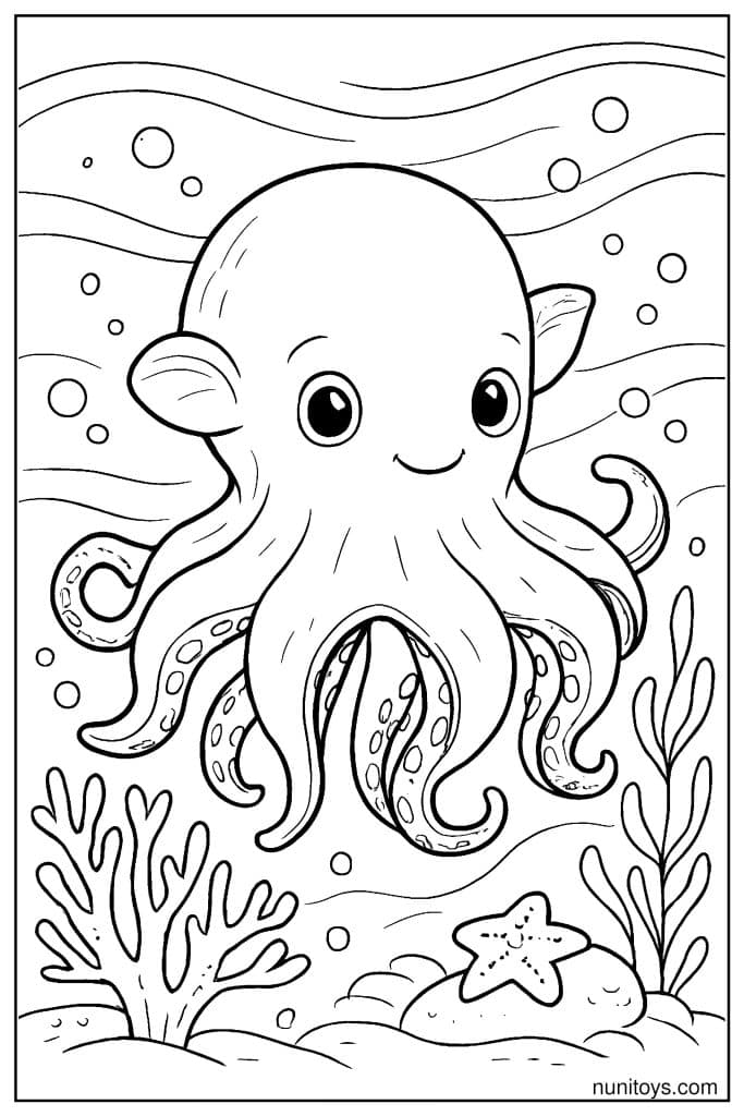 Printable Dumbo Octopus with Coral and Ocean Floor Details
