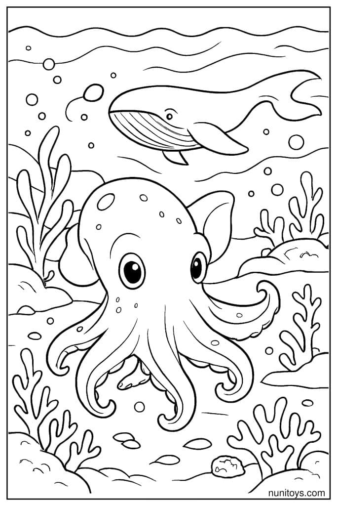 Printable Dumbo Octopus with Whale and Coral Scene