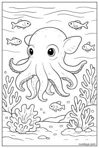 Dumbo Octopus Coloring Sheet Surrounded by Small Fish