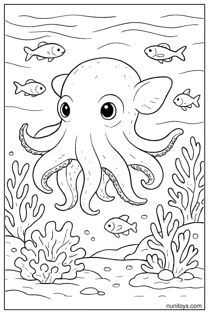 Dumbo Octopus Coloring Sheet Surrounded by Small Fish