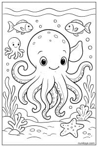 Free Coloring Sheet Dumbo Octopus with Fish and Small Octopus
