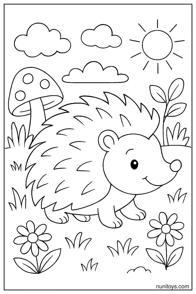 דף צביעה של קיפוד הולך בין פרחים ופטרייה ביום שמשי