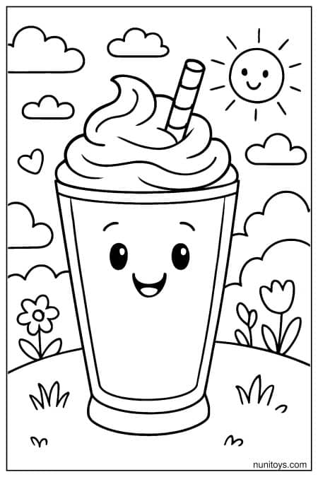 Easy Milkshake Coloring Page with a Friendly Smile in a Simple Glass