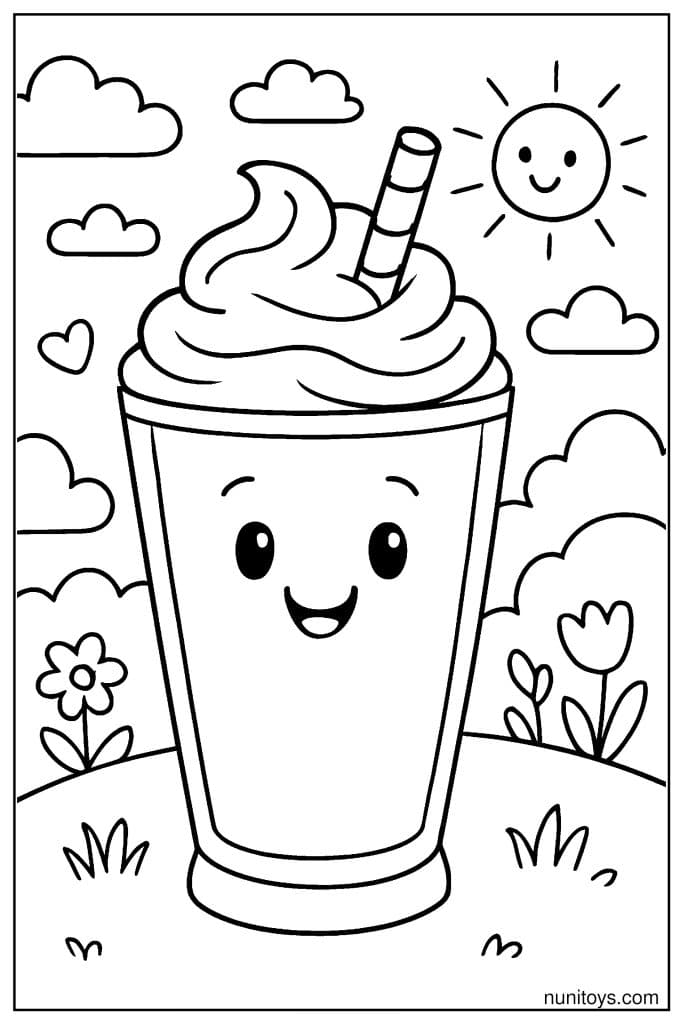 דף צביעה של מילקשייק חמוד עם קצפת וקשית בגינה