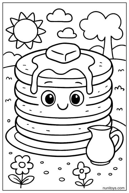 Smiling Pancake Stack with Butter and Syrup in a Sunny Garden Coloring Page