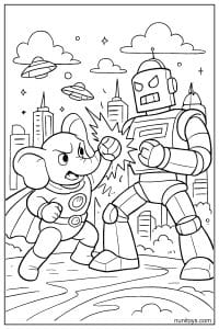 Elephant Fighting Robot in City Coloring Page