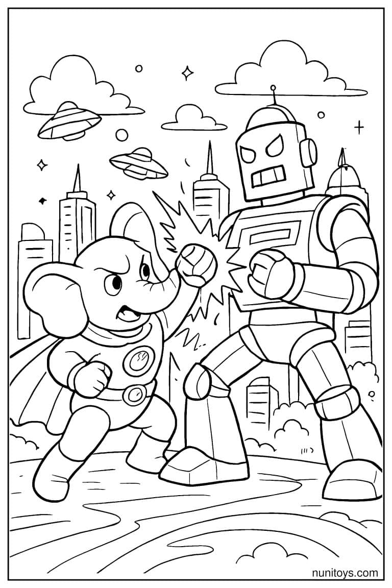 Coloriage éléphant super-héros combattant un robot géant
