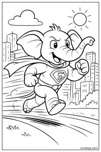 Superhero Elephant Running Through City Coloring Page