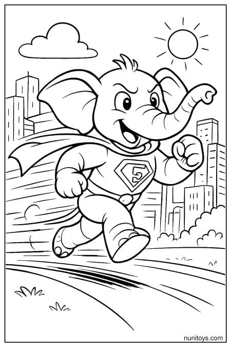 Superhero Elephant Running Through City Coloring Page