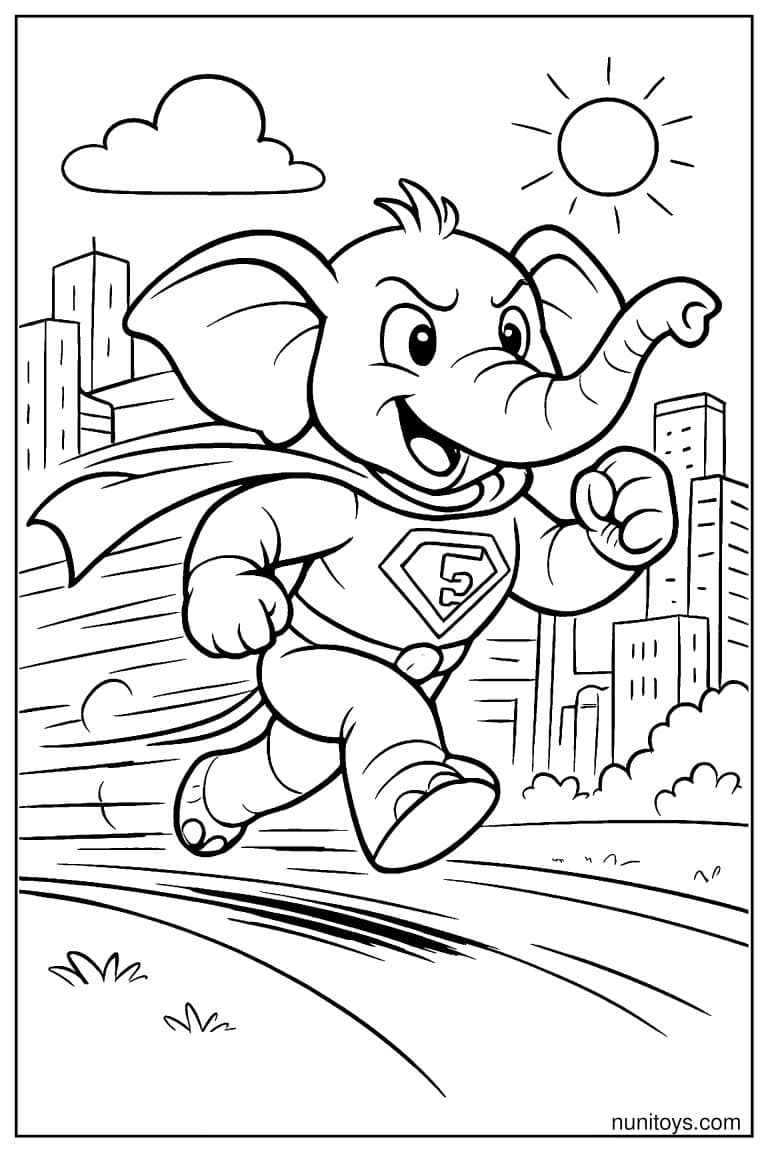 Coloriage éléphant super-héros courant dans une ville ensoleillée