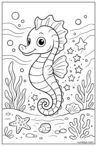 Printable Seahorse with Stars and Shells on Seabed