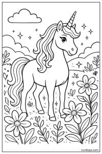 Unicorn Standing in Flower Field with Stars Coloring Sheet