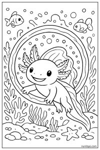 דף צביעה אקסולוטל שוחה בתוך טבעת בועות עם דגים