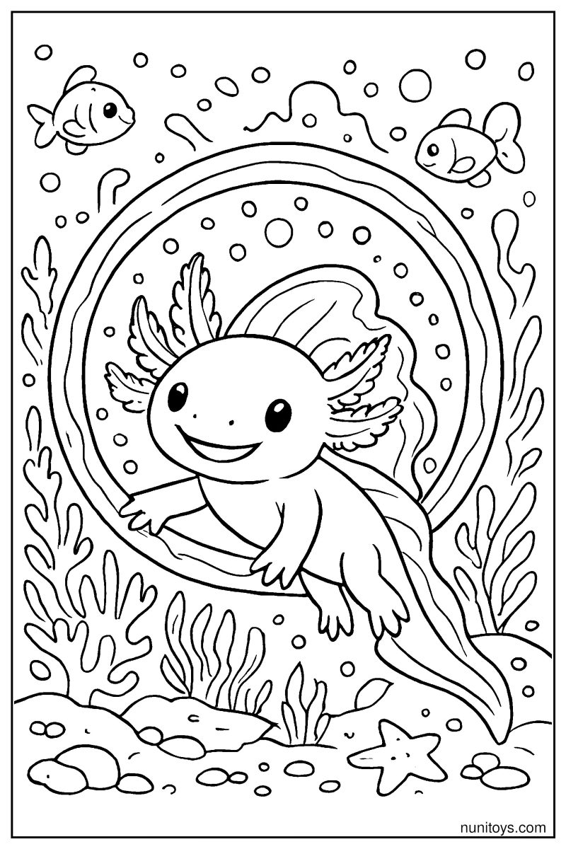 דף צביעה אקסולוטל שוחה בתוך טבעת בועות עם דגים