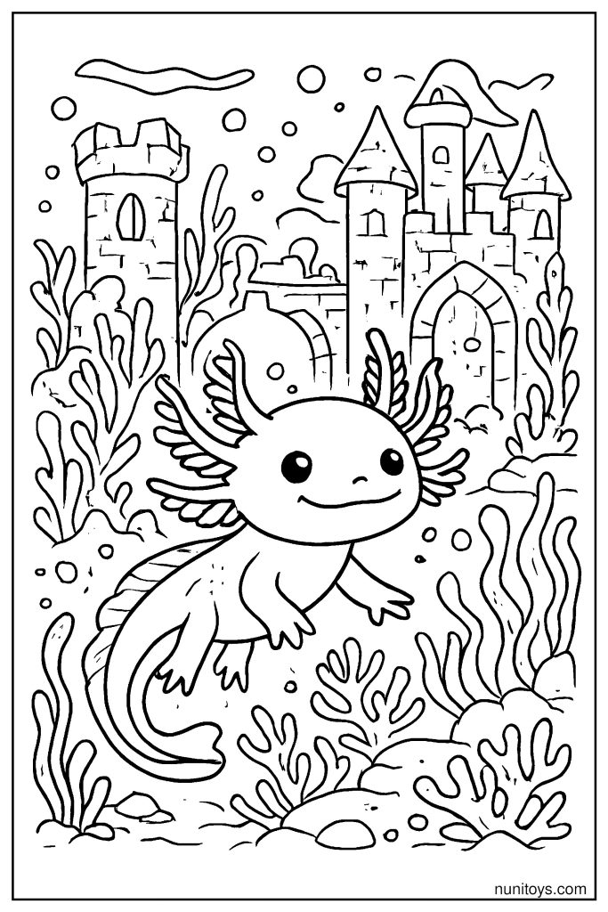 דף צביעה אקסולוטל שוחה ליד טירה תת־ימית עתיקה