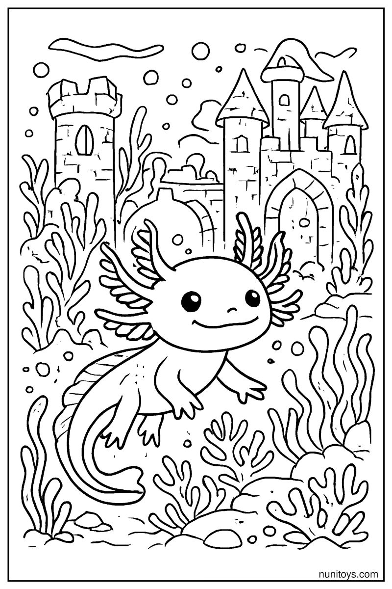 דף צביעה אקסולוטל שוחה ליד טירה תת־ימית עתיקה