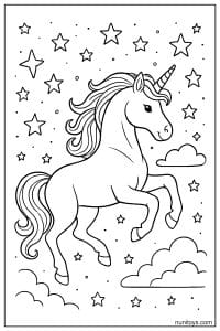 Unicorn Standing Among Stars and Clouds Coloring Page