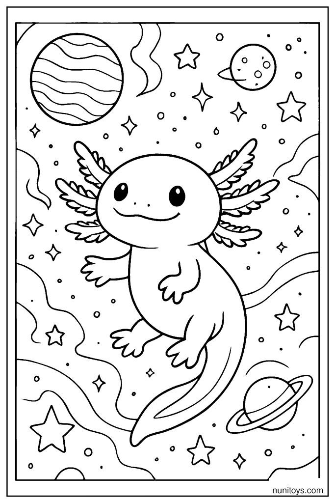 דף צביעה אקסולוטל מרחף בחלל בין כוכבים וכוכבי לכת