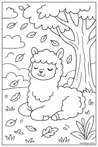 דף צביעה אלפקה רגועה יושבת מתחת לעץ עם עלים נושרים