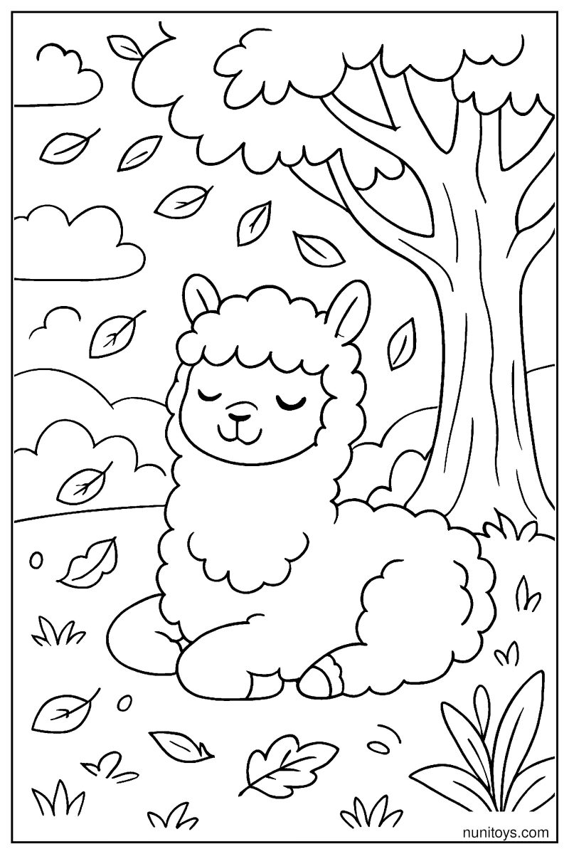 דף צביעה אלפקה רגועה יושבת מתחת לעץ עם עלים נושרים