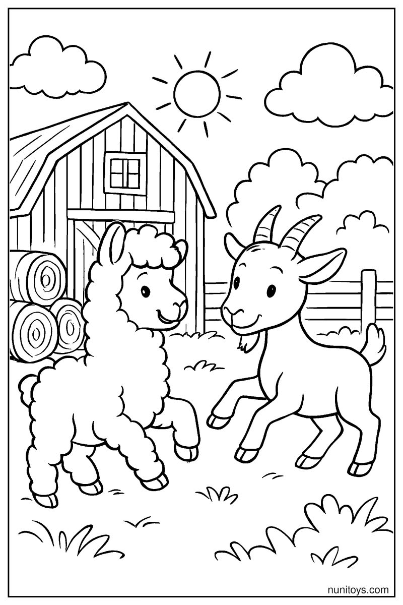 דף צביעה אלפקה משחקת עם עז ליד אסם בחווה