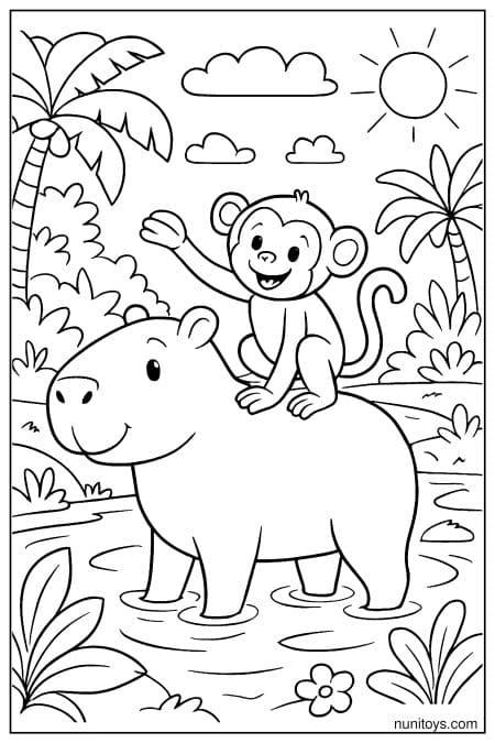 Monkey rides capybara in tropical water setting Coloring Page